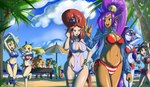 1_eye beach bikini blonde_hair blue_eyes breasts clothing dark_body dark_skin female green_body green_eyes green_hair group hair male midriff navel navel_outline one-piece_swimsuit open_mouth palm_tree plant purple_body purple_hair red_eyes red_hair seaside side-tie_bikini side-tie_clothing side-tie_swimwear sideless_clothing sideless_swimsuit string_bikini swimwear tree two-piece_swimsuit undressing sonicboom30813 shantae_(series) wayforward bolo_(shantae) harmony_(shantae) plink_(shantae) risky_boots rottytops shantae sky_(shantae) twitch_and_vinegar vera_(shantae) zapple_(shantae) genie human humanoid mammal undead zombie absurd_res hi_res