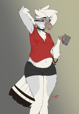 anthro areola band-aid band-aid_on_beak band-aid_on_face band-aid_on_nose bandage bandage_on_beak bandage_on_face bandage_on_nose beak belly big_belly black_bottomwear black_clothing black_shorts bottomwear breasts clothed clothed_anthro clothed_female clothing collar container cup eyebrows feathers female female_anthro fur grey_background grey_body grey_fur hair hand_behind_head heart_areola heart_nipples holding_container holding_cup holding_mug holding_object looking_at_viewer mug nipple_outline nipples non-mammal_breasts non-mammal_nipples red_clothing red_eyes red_shirt red_topwear shirt shorts simple_background solo spiked_collar spikes standing tail tail_feathers topwear translucent translucent_clothing translucent_shirt translucent_topwear white_body white_fur white_hair yellow_sclera fisk_sheetz joy_(shammy) avian bird owl 2025 colored digital_drawing_(artwork) digital_media_(artwork) flat_colors hi_res portrait signature three-quarter_portrait