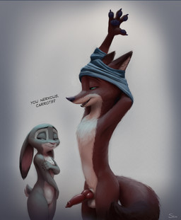 4_fingers anatomically_correct anatomically_correct_genitalia anatomically_correct_penis animal_genitalia animal_penis anthro anthro_on_anthro asking asking_another asking_for_status balls biped black_nose black_pawpads canine_genitalia canine_penis chest_tuft claws clothing countershade_torso countershading covering covering_chest covering_self dialogue duo ears_down erection eyes_mostly_closed female finger_claws fingerpads fingers flat_chested fluffy fluffy_tail fur genitals grey_background grey_body grey_fur half-closed_eyes humanoid_genitalia humanoid_vulva imminent_sex knot larger_male long_ears looking_aside looking_away male male/female name_drop name_in_dialogue narrowed_eyes nickname nude open_mouth open_smile pawpads penis pink_nose pivoted_ears predator/prey question questioning_tone red_penis scut_tail short_tail simple_background size_difference smaller_female smile standing tail talking_to_another talking_to_partner text tuft undressing vulva white_balls white_body white_fur yes-no_question s1m disney zootopia judy_hopps nick_wilde canid canine fox lagomorph leporid mammal rabbit red_fox true_fox 2021 colored english_text hi_res signature