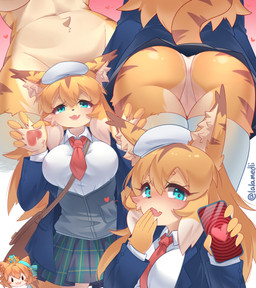 anthro ass_up belly blonde_hair bottomwear breasts butt clothed clothing female green_eyes hair hypnosis kemono mind_control navel nude raised_bottomwear raised_clothing raised_skirt school_uniform shy skirt solo underwear uniform yellow_body lalamedli cygames world_flipper mia_(world_flipper) domestic_cat felid feline felis mammal pantherine absurd_res hi_res