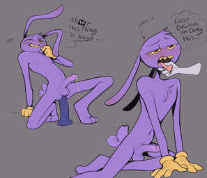 anal anal_penetration anthro balls blush blush_lines bodily_fluids censored_speech censored_text clothing dildo dildo_in_ass dildo_insertion dildo_sitting disembodied_hand dripping duo ears_back erection finger_in_mouth fur genital_fluids genitals gloves gloves_only grawlixes handwear handwear_only humanoid_genitalia humanoid_penis leaning leaning_backward long_ears male male_penetrated mostly_nude mouth_play object_in_ass open_mouth penetration penis pivoted_ears precum precum_drip purple_body purple_fur sex_toy sex_toy_in_ass sex_toy_insertion sharp_teeth short_tail simple_background skinny_anthro slim solo_focus submissive submissive_male tail tail_motion tailwag teeth text tongue tongue_out toony yellow_teeth gryphsins glitch_productions the_amazing_digital_circus jax_(tadc) lagomorph leporid mammal rabbit english_text hi_res