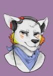 brown_eyes cable clothing electronics fur headphones kerchief male simple_background solo white_body white_fur thathornycat lyricwulf canid canine canis domestic_dog mammal wolf absurd_res headshot_portrait hi_res portrait shaded