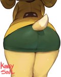 anthro bottomwear butt butt_focus butt_shot close-up clothing female furgonomics glistening glistening_body green_bottomwear green_clothing green_skirt skirt solo tail thick_thighs topwear yellow_body yellow_clothing yellow_tail yellow_topwear sweetiesoul animal_crossing nintendo isabelle_(animal_crossing) canid canine canis domestic_dog mammal 2021 4:5 hi_res