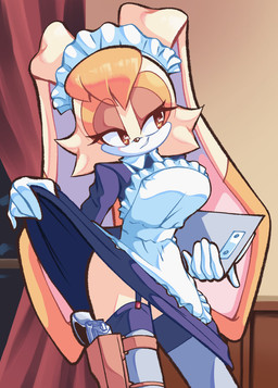 anthro breasts brown_eyes clipboard clothed clothing clothing_lift eyelashes female garter_straps gloves gun handgun handwear legwear maid_headdress maid_uniform pistol ranged_weapon smile solo stockings tan_body uniform weapon nan0lovesyou sega sonic_the_hedgehog_(series) vanilla_the_rabbit lagomorph leporid mammal rabbit 2026 absurd_res hi_res