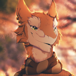 anthro clothing ear_piercing ear_ring fur green_eyes looking_at_viewer orange_body orange_fur piercing plant ring_piercing scarf smile solo sunset sweater topwear tree white_body white_fur shyryp mammal sergal 1:1 absurd_res digital_media_(artwork) hi_res portrait