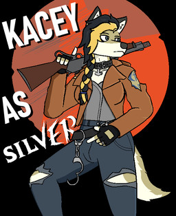 abstract_background adam's_apple anthro blue_eyes bottomwear braided_hair breasts bulge clothing cosplay cuff_(restraint) denim denim_bottomwear denim_clothing fingerless_gloves gloves gun gynomorph hair handcuffs handwear heathen intersex jacket jeans metal_cuffs mjolnir_necklace multicolored_hair pants ranged_weapon restraints shotgun solo tattoo topwear torn_bottomwear torn_clothing torn_jeans torn_pants weapon kcdodger deadlock_(game) valve kacey_d._calfort lilah_silver canid canine canis carolina_dog domestic_dog mammal wolf trans_(lore) trans_woman_(lore)