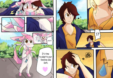 ambiguous_gender biped bipedal_feral blush bow_(feature) clothed clothing duo female feral forced forced_transformation fur fur_growth gender_transformation growth jewelry male mtf_transformation necklace nude one_eye_closed outside pink_body pink_fur shrinking size_transformation species_transformation speech_bubble tendrils text transformation trapped white_body white_fur oshoku_momiji nintendo pokemon eeveelution generation_6_pokemon human mammal pokemon_(species) sylveon 2020 comic english_text