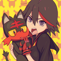 ambiguous_gender black_hair blush duo female feral hair highlights_(coloring) licking multicolored_hair open_mouth purple_eyes single_glove tongue tongue_out alcoholrang kill_la_kill nintendo pokemon studio_trigger ryuko_matoi senketsu felid generation_7_pokemon human litten mammal pokemon_(species) 1:1 2016