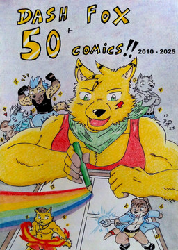 anthro barazoku biceps black_nose blue_clothing blue_hair blush blush_lines brown_body bulge chibi clipboard clothed clothing drawing drawing_(action) drawing_in_a_drawing eyes_closed fingerless_gloves fur gloves green_eyes grey_body grey_fur hair handwear horn kerchief kissing male manly musclegut muscular muscular_anthro muscular_male neckerchief neckwear open_mouth pecs pencil_(object) red_clothing red_shirt red_tank_top red_topwear shirt simple_background smile spiky_hair tail tan_body tan_fur tank_top text topwear underwear yellow_body yellow_eyes yellow_fur dashthefox dashfox kai_(dash_fox) canid canine mammal mustelid otter 2025 absurd_res english_text hi_res traditional_media_(artwork)