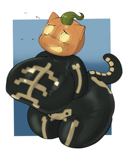 anthro big_breasts blush blush_lines bodily_fluids bodysuit breasts clothing female food for_a_head fruit green_hair hair huge_breasts huge_thighs open_mouth open_smile orange_body overweight overweight_anthro overweight_female plant pumpkin pumpkin_head skeleton_costume skinsuit smile solo sweat sweatdrop tail thick_thighs tight_clothing yellow_eyes inazuma_kat epic_games fortnite spice_(fortnite) domestic_cat felid feline felis mammal object_head hi_res