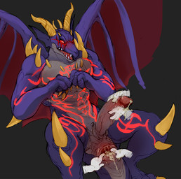 abs anthro anus arm_spikes biceps big_muscles big_penis blush bodily_fluids cum cum_in_ass cum_inside cum_on_hand disembodied_hand erection facial_markings genital_fluids genitals grey_background grey_body group hand_on_chest handjob head_markings horn humanoid_genitalia humanoid_penis male markings membrane_(anatomy) membranous_wings muscular muscular_male nude open_mouth pecs penile penis purple_body purple_scales red_eyes red_markings sackless scales sex sharp_teeth shoulder_spikes simple_background solo_focus spikes spikes_(anatomy) spread_anus spreading tail teeth vein veiny_penis wings custapple dragon_quest dragon_quest_heroes european_mythology mythology square_enix shadroth dragon mythological_creature mythological_scalie scalie western_dragon winged_dragon source_request