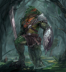 anthro armor barefoot blood bodily_fluids clothed clothing detailed_background digitigrade feet green_body green_scales holding_melee_weapon holding_object holding_sword holding_weapon male melee_weapon orange_eyes scales shield swamp sword tan_body tan_scales weapon themefinland crocodilian reptile scalie 2018 digital_media_(artwork)