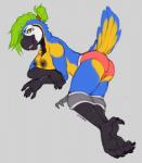 4_toes all_fours anisodactyl anthro avian_feet beak black_beak blue_body blue_feathers bottomwear bottomwear_down breasts clothed clothing feathers feet female green_eyes green_hair hair looking_at_viewer neck_tuft nipples non-mammal_breasts panties pants pants_down partially_clothed shorts simple_background smile solo tail tail_feathers toes topless tuft underwear yellow_body yellow_feathers spazzyhusky party_macaw ara_(genus) avian bird blue-and-yellow_macaw macaw neotropical_parrot parrot true_parrot digital_media_(artwork) hi_res