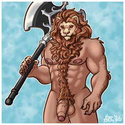 abs anthro axe balls biceps body_hair border chest_hair chest_tuft fingers flaccid fluffy fluffy_chest foreskin fur genitals hair happy_trail holding_object humanoid_genitalia humanoid_penis male mane melee_weapon muscular muscular_anthro muscular_male nipples nude pawpads pecs penis pubes red_eyes simple_background smile solo tuft weapon weapon_on_shoulder white_border shon_arts unicorn_overlord vanillaware morard_(unicorn_overlord) felid lion mammal pantherine 1:1 2026 colored digital_drawing_(artwork) digital_media_(artwork) hi_res shaded signature