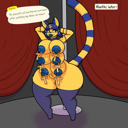 6_breasts ankh_piercing anthro areola arm_ring big_breasts big_nipples blue_areola blue_clothing blue_hair blue_legwear blue_lips blue_nipples blue_stripes blue_thigh_highs breasts clothing dialogue_box female fur genitals hair hands_behind_head huge_breasts huge_hips huge_nipples huge_thighs legwear lips markings mostly_nude multi_breast nipple_chain nipple_piercing nipples piercing pole ring_(marking) ringed_tail solo striped_markings striped_tail stripes stripper_pole tail tail_markings text thick_thighs thigh_highs uraeus vulva wide_hips yellow_body yellow_fur firepawdacat animal_crossing nintendo ankha_(animal_crossing) domestic_cat felid feline felis mammal 1:1 2025 english_text hi_res