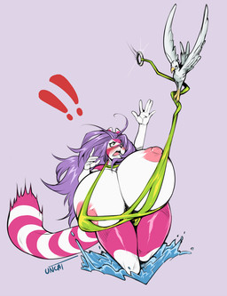 anthro areola areola_slip big_breasts blush breasts clothing exclamation_point female green_clothing green_eyes green_swimwear hair huge_breasts hyper hyper_breasts ineffective_clothing magenta_fur markings nipples o-ring o-ring_swimwear one_breast_out purple_hair solo splashing_water striped_markings striped_tail stripes swimwear tail tail_markings tail_motion wardrobe_malfunction water unregisteredcat sevilla_(mei-xing) avian bird gull lari larid mammal procyonid raccoon hi_res