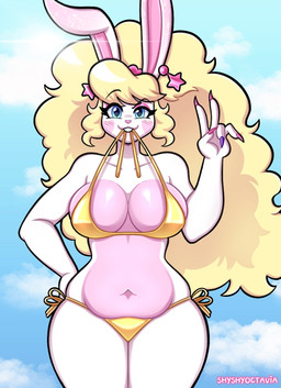 anthro belly belly_overhang big_breasts big_hair bikini biped blonde_hair blue_eyes breasts buckteeth clothed clothed_anthro clothed_female clothing countershade_breasts countershade_torso countershading eyebrows facial_markings female female_anthro gesture glistening glistening_breasts gold_bikini gold_swimwear hair hand_gesture hand_on_leg hand_on_own_leg hand_on_own_thigh hand_on_thigh head_markings heart_(marking) long_hair looking_at_viewer markings multicolored_body navel pink_body pink_countershading raised_eyebrow side-tie_bikini solo standing string_bikini swimwear teeth text thick_thighs two-piece_swimsuit two_tone_body v_sign white_body shyshyoctavia golden_week cupcake_(shyshyoctavia) lagomorph leporid mammal rabbit 2025 artist_name digital_drawing_(artwork) digital_media_(artwork) hi_res