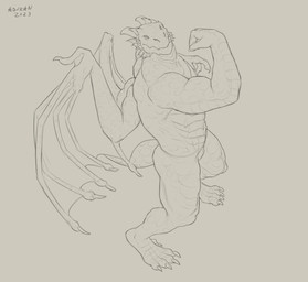 anthro cheek_frill claws finger_claws flexing flexing_bicep horn looking_at_viewer male male_anthro membrane_(anatomy) membranous_wings mouth_closed muscular muscular_anthro muscular_male narrowed_eyes nude solo standing toe_claws wings aduran mythology dragon mythological_creature mythological_scalie scalie 2023 dated hi_res monochrome signature sketch