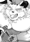 abs anthro balls blush bodily_fluids censor_bar cum cum_in_mouth cum_inside duo erection eyebrows genital_fluids genitals horn ineffective_censorship male male/male masturbation muscular muscular_anthro muscular_male nipples pecs penis text thick_eyebrows tongue rudolph_trnd lifewonders tokyo_afterschool_summoners behemoth_(tas) monster censored english_text hi_res monochrome