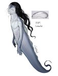 ambiguous_gender anthro black_hair fangs gills grey_body grey_scales hair half-closed_eyes legless long_hair narrowed_eyes scales simple_background solo teeth text white_background sparrowl cutlassfish fish marine scombriform 2022 absurd_res english_text hi_res korean_text signature