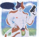 anthro clothing dialogue genitals gun handgun holding_gun holding_object holding_ranged_weapon holding_weapon looking_at_viewer male muscular muscular_anthro muscular_male nipples penis penis_poking_out ranged_weapon simple_background solo speech_bubble tail text thong underwear weapon radiumraccoon epic_games fortnite fortnite:_battle_royale meowscles calico_cat domestic_cat felid feline felis mammal absurd_res digital_media_(artwork) english_text hi_res