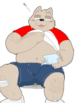 anthro belly biped blush bodily_fluids bottomwear bulge clothed clothing eyes_closed male open_clothing open_shirt open_topwear overweight overweight_anthro overweight_male shirt shorts simple_background sitting solo sweat text topwear underwear white_background och5 canid canine canis domestic_dog mammal 2015 3:4 hi_res japanese_text