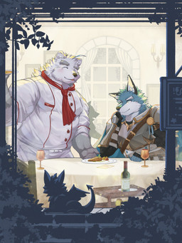 anthro blue_body blue_fur clothed clothing duo_focus eyebrows eyes_closed food fur group male multicolored_body multicolored_fur restaurant thick_eyebrows two_tone_body two_tone_fur white_body white_eyebrows white_fur tuna_tad knights_college argo_northrop paul_pfitzner bear canid canine canis mammal polar_bear ursine wolf 2025 absurd_res hi_res