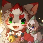4_fingers anthro bell bell_collar biped blue_eyes blush blush_lines collar duo eye_contact fangs fingers fur gradient_background green_body green_eyes green_fur grey_body grey_fur inner_ear_fluff kemono looking_at_another male multicolored_body multicolored_fur neck_tuft one_eye_closed open_mouth open_smile pawpads paws red_body red_fur simple_background smile teeth tuft white_body white_fur wink hlg7777 rugin canid canine canis mammal wolf 1:1 2025 bust_portrait digital_drawing_(artwork) digital_media_(artwork) hi_res icon portrait shaded