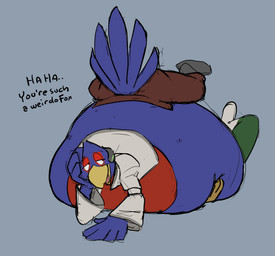 anthro beak belly belly_on_ground belly_smother belly_squish big_belly blue_body blue_feathers boots bottomwear clothed clothing dialogue duo feathers footwear fur half-closed_eyes hand_on_belly hand_on_head headgear huge_belly jacket laugh looking_back male male/male narrowed_eyes open_bottomwear open_clothing open_pants orange_body orange_fur overweight overweight_male pants pilot_uniform shirt shoes smile squish text topwear saphiros nintendo star_fox falco_lombardi fox_mccloud avian bird canid canine fox mammal 2020 english_text hi_res