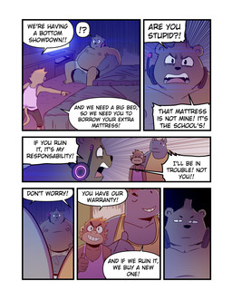 6_panel_comic angry annoyed anthro armpit_hair bed bedroom bodily_fluids body_hair bottomwear brown_body clothed clothing confident dialogue doubtful electronics facial_horn frown furniture gesture grey_body grin group hand_gesture headgear headphones headset horn inside interrobang male nervous nose_horn overweight pink_clothing pink_shirt pink_topwear pointing shirt shorts smile speech_bubble sweat sweatdrop tank_top text thumbs_up topless topwear trio video_game_console yellow_clothing yellow_shirt yellow_topwear t0l0k earl_(t0l0k) hector_(t0l0k) lugo_(t0l0k) bear haplorhine mammal monkey primate rhinoceros comic english_text hi_res multiple_scenes