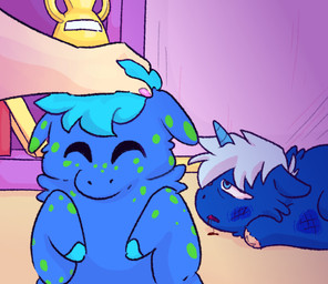 1_horn abuse abused ambiguous_feral ambiguous_gender ambiguous_human amputee animal_abuse award blood blue_body blue_eyes blue_fur blue_hair blue_hooves blue_horn bodily_fluids book bookshelf colored_nails disability eyes_closed feral fingernails first_person_view fur furniture green_spots group hair happy headpat hooves horn human_pov light_body light_skin markings mostly_offscreen_character nails open_mouth pink_fingernails pink_nails pov_hands slap_mark smile spiral_horn spots spotted_body spotted_fur trio trophy white_hair young young_ambiguous young_feral alpama fluffy_pony fluffy_pony_(species) human mammal 2023 digital_media_(artwork) hi_res shaded