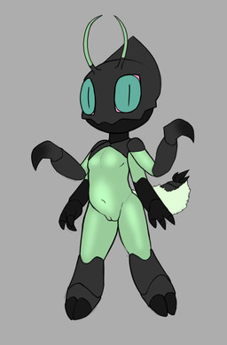 2_toes 3_fingers 4_arms aged_down andromorph andromorph_anthro antennae_(anatomy) anthro arthropod_abdomen black_body black_exoskeleton exoskeleton featureless_chest feet fingers fluffy fur genitals green_body green_sclera intersex intersex_anthro multi_arm multi_limb multicolored_body navel nude nude_andromorph nude_anthro pupils slightly_chubby slit_pupils solo standing toes vulva white_body white_fur young young_andromorph young_intersex wayesh daniel_(wayesh) arthropod demon insect mantis hi_res
