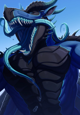 3_tongues abs anthro black_body black_horn blue_body blue_eyes blue_horn blue_tongue fangs front_view glistening glistening_eyes horn looking_at_viewer male mouth_shot multi_tongue muscular muscular_anthro muscular_male open_mouth pecs ridged_horn sharp_teeth solo teeth tongue tongue_out riorix mythology thunder_(thunderthedragon) dragon mythological_creature mythological_scalie scalie 2024 dated hi_res signature