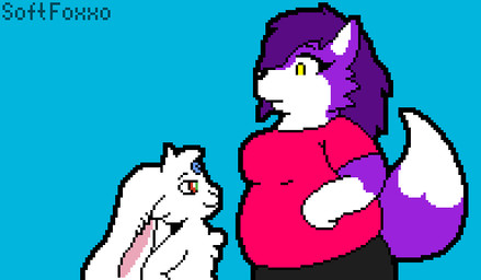 3_eyes ambiguous_gender anthro belly belly_focus belly_slap belly_squish big_belly big_breasts black_bottomwear black_clothing black_outline black_pants blue_background blush bottomwear breasts chest_tuft clothing clothing_pull dipstick_tail duo empty_eyes female floppy_ears fur gloves_(marking) green_pupils hair hand_on_belly head_tuft kiss_mark kiss_mark_on_belly kiss_on_belly kissing larger_anthro larger_female looking_down looking_down_at_another looking_up_at_another markings multi_eye narrowed_eyes navel open_mouth outline pants pink_clothing pink_shirt pink_topwear pouting pupils purple_body purple_fur purple_hair raised_tail red_eyes shirt shirt_pull shirt_pulled_down shirt_pulled_up simple_background size_difference slap slightly_chubby slightly_chubby_anthro slightly_chubby_female smaller_ambiguous smaller_anthro squish tail tail_markings text topwear topwear_pull tuft white_body white_fur wide_eyed yellow_eyes softfoxxo canid canine fox lagomorph leporid mammal rabbit 2d_animation animated artist_name digital_drawing_(artwork) digital_media_(artwork) pixel_(artwork) pixel_animation