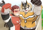 abs anthro bodysuit cape clothing duo male mask muscular muscular_anthro muscular_male pecs skinsuit spandex superhero tight_clothing visor mofu_muchi3 lifewonders live_a_hero akashi_(live_a_hero) ryekie_(live_a_hero) felid human mammal pantherine tiger