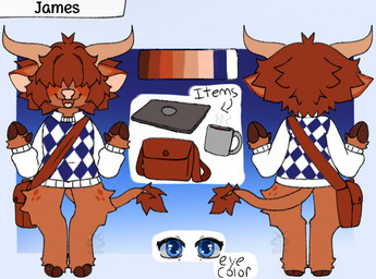 anthro bag blue_eyes bovid_horn bovine_horn brown_body brown_fur clothed clothing fur horn male partially_clothed simple_background solo sweater tail topwear mrpaws77 james_(spooky) bovid bovine cattle highland_cattle mammal model_sheet