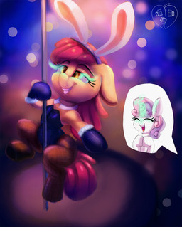 bunny_costume clothing costume dancing duo eyes_closed fake_ears fake_rabbit_ears female grin hair horn hypnosis mind_control open_mouth pole pole_dancing smile speech_bubble spread_legs spreading young oddciders friendship_is_magic hasbro my_little_pony mythology apple_bloom_(mlp) sweetie_belle_(mlp) earth_pony equid equine horse mammal mythological_creature mythological_equine pony unicorn 2018 digital_media_(artwork) hi_res pictographics