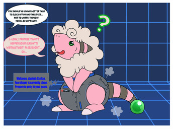 ambiguous_gender anthro big_diaper bodily_fluids border clean_diaper clothed clothing cloud_emanata color_coded color_coded_speech_bubble color_coded_text dialogue diaper diaper_only diaper_puff ears_back emanata floor fur green_eyes grey_body grey_fur hand_on_diaper imminent_scat locked_diaper markings mouth_scar multicolored_body multicolored_fur nervous nervous_smile nervous_sweat offscreen_character one_eye_obstructed open_mouth pink_body pink_fur pivoted_ears progress_bar progress_display punishment question_mark solo speech_bubble standing striped_ears striped_markings striped_tail stripes sweat tail tail_markings tan_body tan_fur tan_wool text three-quarter_view tile tile_floor tile_wall topless touching_diaper wall_(structure) wearing_diaper white_border wool_(fur) tenerius nintendo pokemon flaaffy generation_2_pokemon pokemon_(species) 2024 absurd_res character_name english_text full-length_portrait hi_res portrait