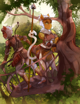 armor arrow_(weapon) bow_(weapon) brown_body brown_skin duo female fur grey_body grey_fur male melee_weapon plant polearm prehensile_tail quiver_(object) ranged_weapon spear tail tree weapon yellow_eyes foxinshadow vala haplorhine mammal monkey primate absurd_res digital_media_(artwork) hi_res shaded