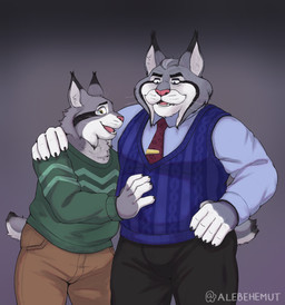 age_difference anthro anthro_on_anthro black_body black_fur blue_eyes bodily_fluids bottomwear bulge clothing daddy_kink duo facial_hair fur grey_body grey_fur hands_on_hips hands_on_shoulders happy male male/male mature_male musclegut muscular mustache necktie older_male overweight overweight_anthro overweight_male pants shirt simple_background smile sweater tail tears topwear white_body white_fur yellow_eyes younger_male alebehemut disney zootopia milton_lynxley pawbert_lynxley canada_lynx felid feline lynx mammal hi_res father_(lore) father_and_child_(lore) father_and_son_(lore) parent_(lore) parent_and_child_(lore) parent_and_son_(lore) son_(lore)
