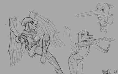 anthro chibi clothed clothing feathered_wings feathers female hair hat headgear headwear humor long_hair long_snout looking_at_viewer melee_weapon midriff navel snout solo sword weapon wings brokenmojo cavemanon_studios goodbye_volcano_high ko_op_(game_developer) snoot_game fang_(gvh) prehistoric_species pterosaur reptile scalie monochrome