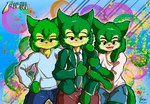 ambiguous_gender anthro clothing family family_photo family_portrait female frutiger_metro green_body group hand_holding hand_on_shoulder hoodie looking_at_viewer male mature_female mature_male open_mouth oversized_clothing paint school_uniform sketch_background smile smiling_at_viewer spray_paint student topwear trio uniform yellow_eyes young young_male peakon feng_ji_zhou huang_yu canid canine canis mammal wolf hi_res sketch parent_(lore) parent_and_child_(lore) parent_and_son_(lore) son_(lore)