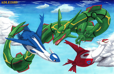 3_fingers ambiguous_gender cloud female feral fingers flying fur green_body green_scales group male open_mouth open_smile red_eyes scales simple_background sky skyscape smile trio yellow_eyes adleisio mythology nintendo pokemon dragon furred_dragon furred_scalie generation_3_pokemon latias latios legendary_pokemon mythological_creature mythological_scalie pokemon_(species) rayquaza scalie serpentine_dragon marker_(artwork) traditional_media_(artwork)