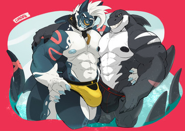 anthro barazoku black_clothing black_jockstrap black_underwear bulge clothed clothing collar duo facial_piercing fin grin jockstrap jockstrap_only male male/male muscular muscular_anthro muscular_male nipples nose_piercing nose_ring partially_submerged piercing ring_piercing seafoam_(water) simple_background smile swimming_in_underwear tail tail_fin topless underwear underwear_only water yellow_clothing yellow_jockstrap yellow_underwear caronte mythology rogue_fang blau_(caronte) york_(yerkelayh) aquatic cetacean dolphin dragon fish hybrid mammal mythological_creature mythological_scalie oceanic_dolphin orca scalie shark toothed_whale hi_res