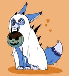 2022 ambiguous_gender candy_bucket canid championwhoops_(artist) clothing costume feral ghost_costume halloween heart_symbol holidays mammal object_in_mouth simple_background sitting solo zoophilia_pride_colors