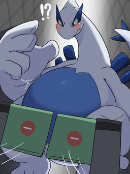 5_fingers belly blue_belly blue_body blue_eyes blue_tail blush bodily_fluids fingers interrobang looking_down solo sweat sweatdrop tail teeth ticket_gate two_tone_tail white_body white_tail ai_only_dream nintendo pokemon generation_2_pokemon legendary_pokemon lugia pokemon_(species) 2022 hi_res
