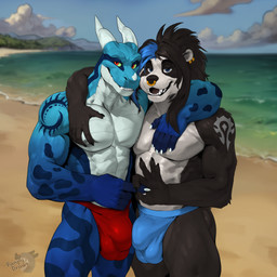 anthro balls beach biceps blue_body blue_eyes bulge bulge_rubbing clothing duo ear_piercing ear_ring facial_piercing genital_outline genitals gesture green_sclera hair horn male male/male muscular muscular_male nipples nose_piercing nose_ring pec_grab pecs piercing red_eyes ring_piercing septum_piercing septum_ring smile smirk standing underwear panpy_draws mythology ayse gaku bear dragon giant_panda mammal mythological_creature mythological_scalie scalie 1:1 hi_res