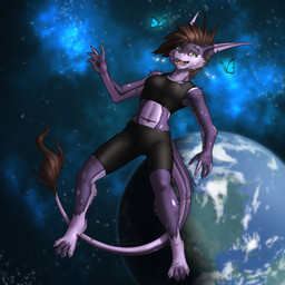 5_fingers anthro black_bottomwear black_clothing black_shorts bottomwear bra breasts clothing digitigrade feet female fingers fur gesture hair imminent_death looking_at_viewer open_mouth planet purple_body purple_fur shorts space sports_bra toes underwear waving mykegreywolf arthropod butterfly insect lepidopteran unknown_species 1:1 2023 absurd_res digital_media_(artwork) hi_res