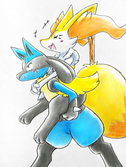3_fingers 3_toes ambiguous_anthro ambiguous_gender anthro arm_tuft big_tail biped black_body black_eyes black_nose blue_body blush blush_lines bodily_fluids carrying_another cheek_tuft chest_tuft crossbar_emanata digitigrade dipstick_tail duo emanata eyes_closed facial_tuft featureless_crotch feet fingers fur hip_tuft inner_ear_fluff markings mouth_closed multicolored_body multicolored_fur nude_ambiguous nude_anthro object_in_tail open_:3 open_mouth open_smile orange_body orange_fur orange_inner_ear_fluff orange_nose orange_tail_tip piggyback pointy_ears prick_ears shoulder_tuft side_view simple_background smile spikes spikes_(anatomy) stick stick_in_tail sweat sweatdrop tail tail_markings tapering_snout toes tongue tuft two_tone_tail walking white_background white_body white_fur yellow_body yellow_fur yellow_tail eiroru nintendo pokemon braixen canid generation_4_pokemon generation_6_pokemon lucario mammal pokemon_(species) 2026 3:4 colored colored_pencil_(artwork) graphite_(artwork) hi_res shaded traditional_media_(artwork)