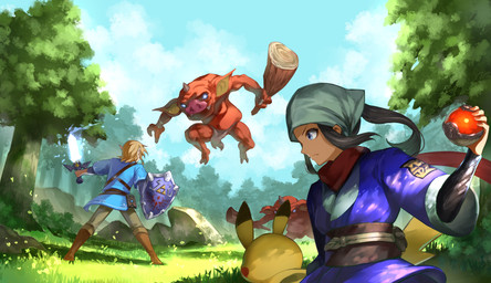 ambiguous_gender anthro battle being_watched blonde_hair blue_eyes boots clothing cloud club_(weapon) day female footwear glowing glowing_eyes grass group hair holding_object humanoid_pointy_ears looking_at_another male master_sword melee_weapon plant pointy_ears pokeball rock sheikah_slate shield shoes standard_pokeball sword tablet_computer tree weapon danryoku_r nintendo pokemon pokemon_legends_arceus the_legend_of_zelda akari_(pokemon) link blin_(tloz) bokoblin generation_1_pokemon human humanoid hylian mammal pikachu pokemon_(species) 2022 crossover